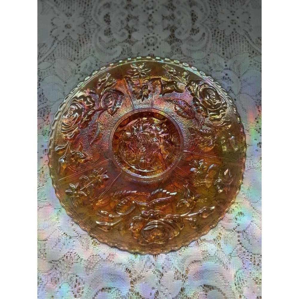 Vintage Carnival Glass Marigold Rose Bowl Iridescent Floral Serving Bowl